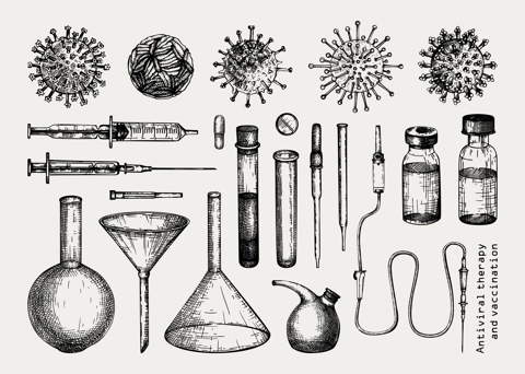 Antiviral therapy and vaccination set. Hand drawn vector illustrations. Vaccine in bottles, laboratory equipment, different virus sketches. Medical design elements. Covid-19 drawing 